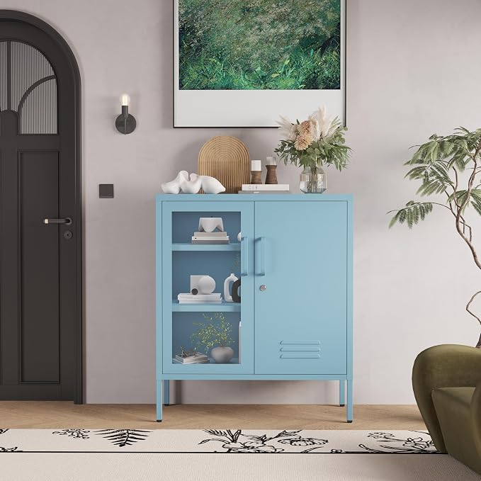 29.5" Wide Blue Metal Storage Cabinet with Lock and Ventilated Doors, 2 Adjustable Shelves, Heavy Duty Home Metal Accent Locker for Kitchen Office Living Room Hallway