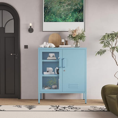 29.5" Wide Blue Metal Storage Cabinet with Lock and Ventilated Doors, 2 Adjustable Shelves, Heavy Duty Home Metal Accent Locker for Kitchen Office Living Room Hallway