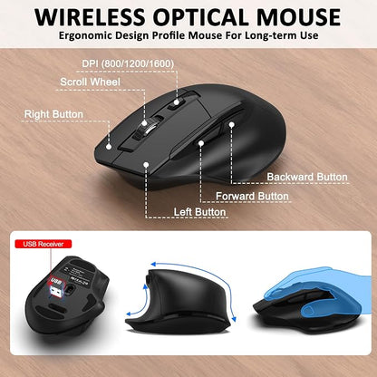 Wireless Keyboard and Mouse Combo, Ergonomic Wave Keys (Black) | 2.4G Full Size Wave Keyboard with Wrist Rest, 3-Level DPI Adjustable Ergonomic Mouse for Windows and Mac OS Desktop/Laptop/PC