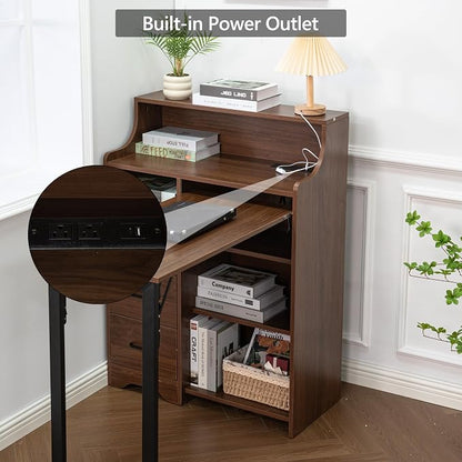 Fold Out Desk with Storage, Hidden Desk with Lockable Drawers & Shelves, Built-in Power Outlet,Folding Desk for Study and Home Office (Walnut)