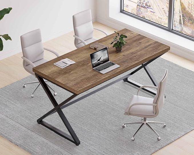 IBF 60” Rustic Computer Desk, Modern Wood Metal Home Office Desk, Farmhouse Work Desk for Writing Study in Bedroom, Minimalist Laptop Executive Workstation Computer Gaming Table, Rustic Oak, 60 in