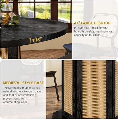 DWVO Round Dining Table for 4-6 People 47 Inch Farmhouse Kitchen Table with Rattan Circular Base Wooden Dinner Table for Dining Room Family Gathering, Black