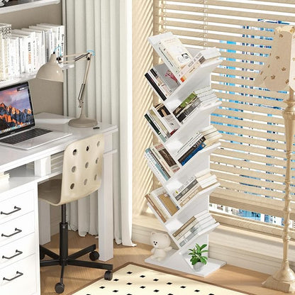 SHEEPAM 10 Tier Tree Book Shelf, Floor Standing Wood Bookshelf for Narrow Space, Storage Organizer Bookshelves for Books/CDs/Magazine, Bookcase with Shelves for Home Office, Living Room - White