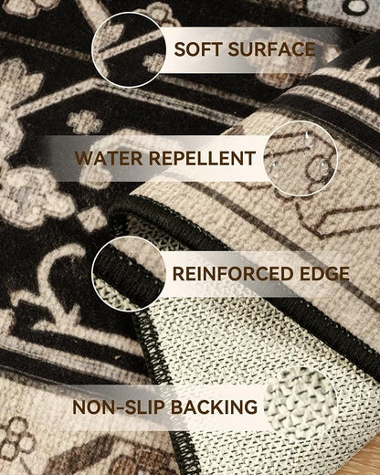 RELEANY Area Rugs Runner 2'x6' Washable Non-Slip, Floral Vintage Distress Medallion Carpet for Kitchen Hallway Bedroom Beside Laundry Room Bathroom, Black Brown Neutral Dark Tan