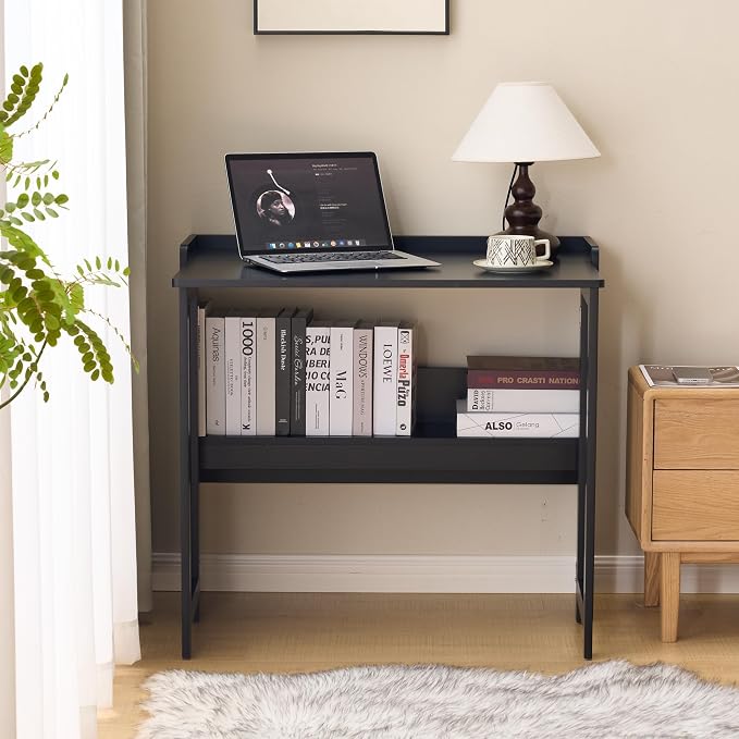 Foldable Desk，Folding Table with Storage Shelf,32.6 Inch Fold Out Computer Desk for Small Spaces,Writing Desk for Bedroom Home Office Dorm and Apartment (Black)