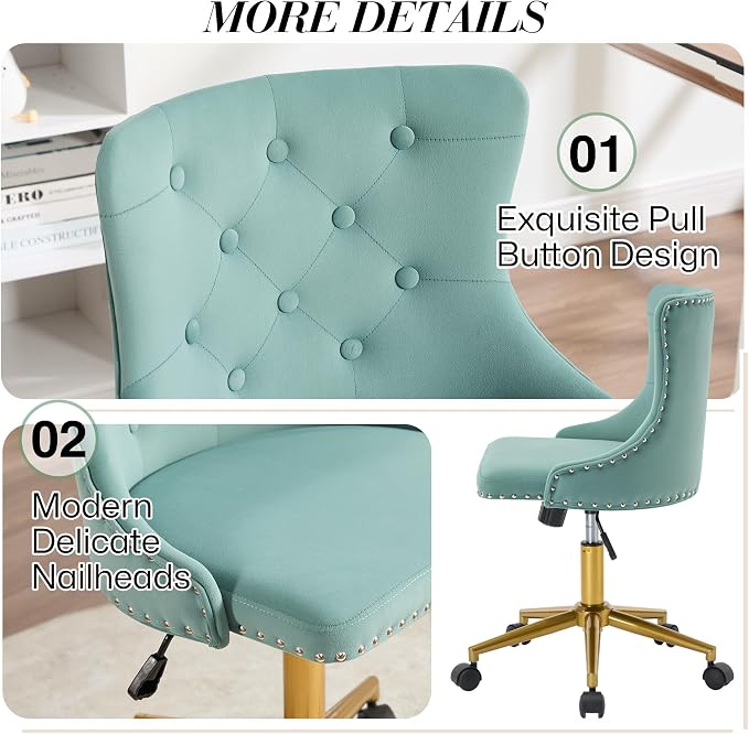 Velvet Armless Home Office Desk Chair, Swivel Height-Adjustable Small Cute Vanity Chair for Women/Girls, Comfy Makeup Chair with Rivet and Gold Base for Living Room, Bedroom(Green)