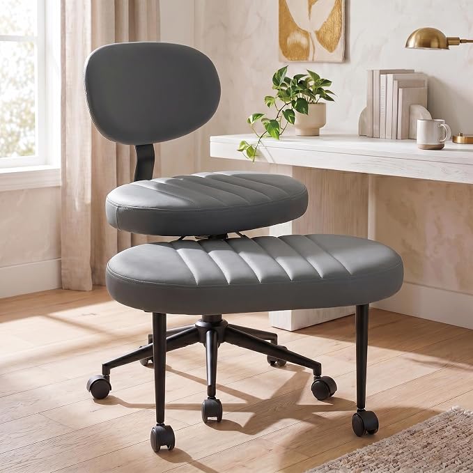 Cross Legged Office Chair with Wheels, 360 Swivel Height-Adjustable Meditation Chair with Lumbar Support, PU Leather, Gray