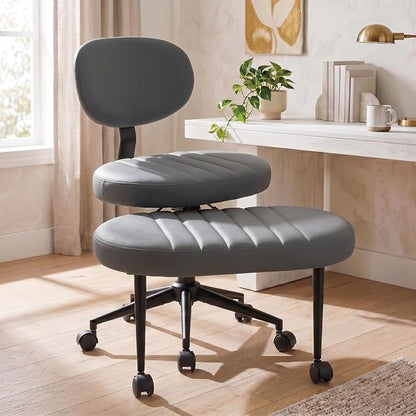 Cross Legged Office Chair with Wheels, 360 Swivel Height-Adjustable Meditation Chair with Lumbar Support, PU Leather, Gray