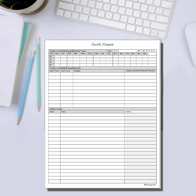 Life Charge Hourly Planner Notepad for Work, Daily Schedule with Time Blocking, Task List & Notes, 60 Pages, 8.5 x 11 Letter