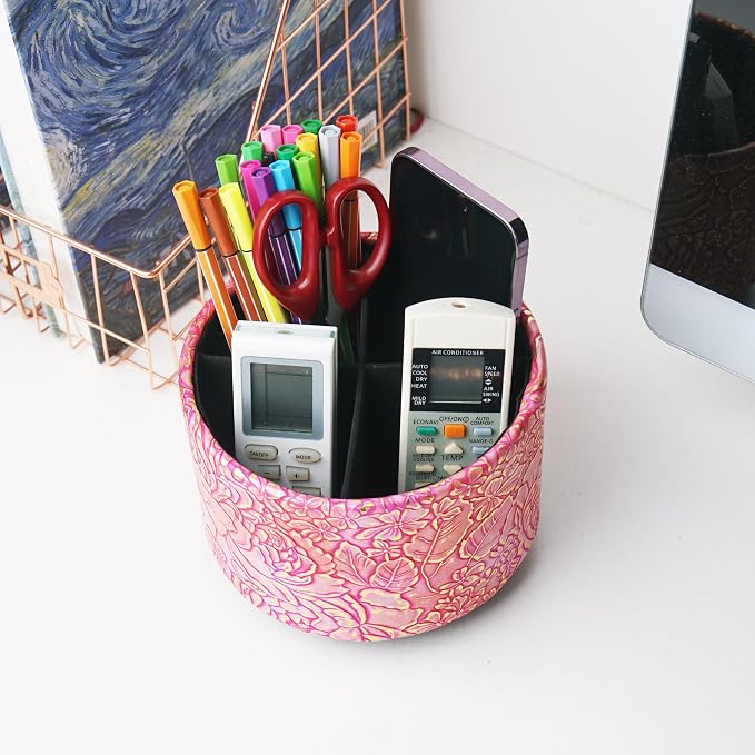 Round Leather Art Supply Organizer,Remote Control Holder,360 Degree Spinning,Multi-Functional Pencil Holder,4 Compartments Desktop Stationary Organizer(1-Rich Flower Pink)