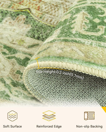 RELEANY Area Rugs Round 8ft Washable Non-Slip, Floral Vintage Distress Medallion Carpet for Living Room Bedroom Dining Room, Sage Green Yellow