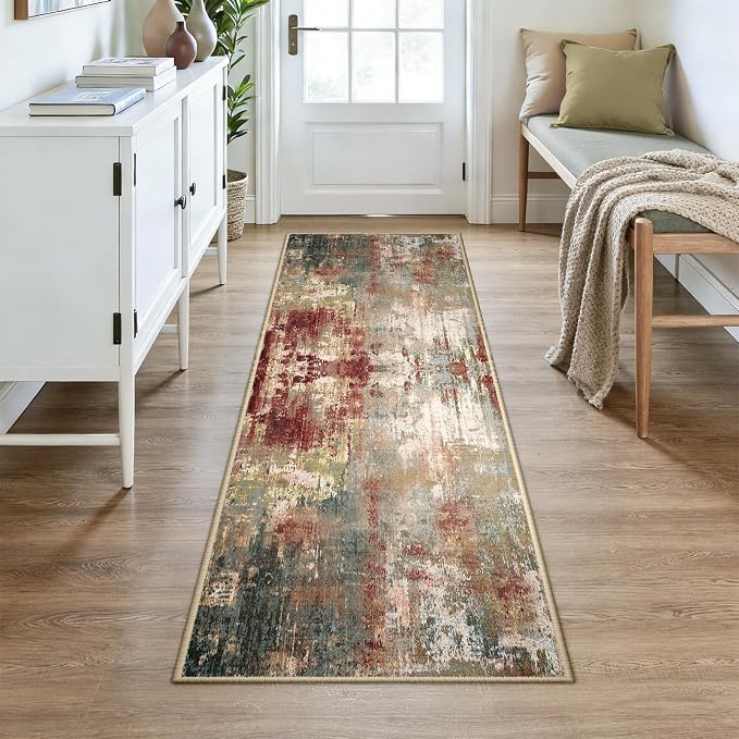 RELEANY Washable Area Rugs 3x7 Non-Slip Modern Abstract Soft for Living Room Entryway Bedroom Kitchen, Print Pattern, Brown Rust Red Green Blue Multi