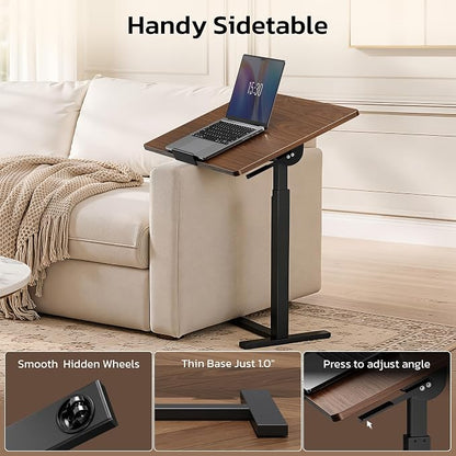 Mobile Standing Desk Adjustable Overbed Table, Pneumatic Height Adjustable Rolling Laptop Desk with Hidden Wheels, 0-180°Tilt Top Rolling Computer Cart Foldable for Home Office, Craft & Study, Brown