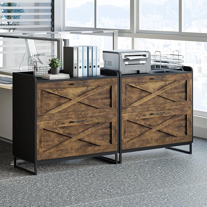 Vabches Lateral File Cabinet 2 Drawers File Cabinet with Charging Station, Modern Farmhouse Large Wood Home Office Furniture, Rustic Brown and Black