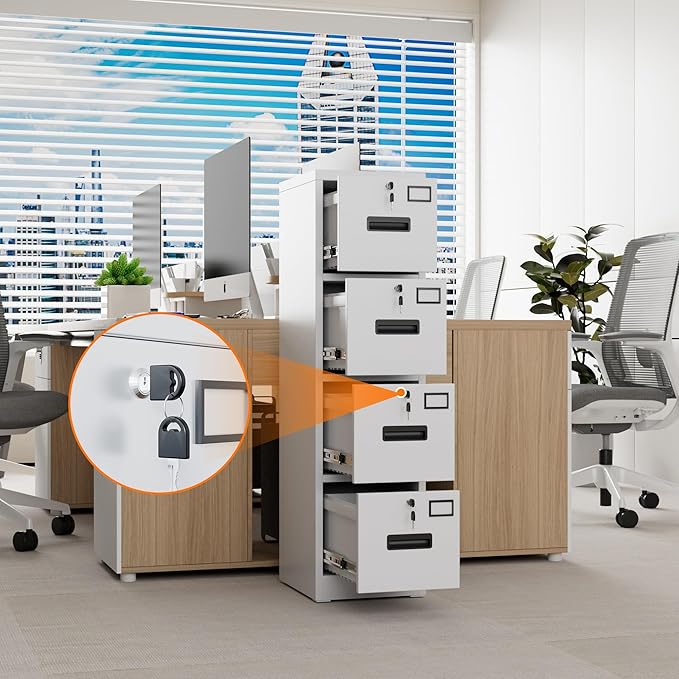 4 Drawer File Cabinet with Lock,White Metal Filing Cabinet for Home Office,Vertical File Storage Cabinet with Keys for Letter/A4 Size,14.96" W x 17.72" D x 55.2" H,Assembly Required