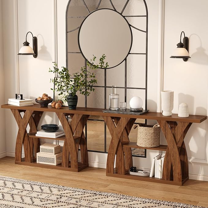 55 inch Farmhouse Entryway Table, Console Table with 3-Tier Storage, Rustic Striped Brown X-Shaped Narrow Entry Table for Behind Couch, Living Room, Hallway, Foyer