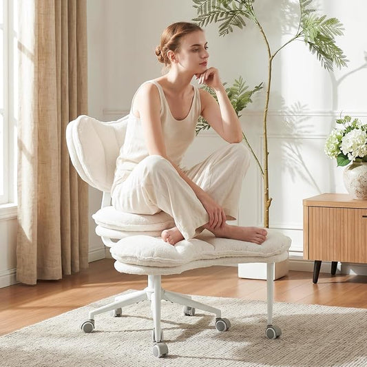 Cross Legged Office Chair with Wheels, 360 Swivel Height-Adjustable Double-Layer Padding Criss Cross Meditation Chair with Lumbar Support, Artificial Rabbit Hair Fabric, Ivory