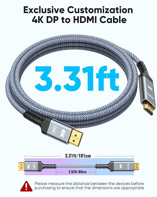 Highwings Passive DisplayPort to HDMI Cable Adapter 3.31ft Total Length, 2.92ft Cable Length, Uni-Directional DP to HDMI Male Video UHD 4K@30Hz/2K@60 DP to HDTV for Monitor, PC, Dell, NVIDIA, AMD
