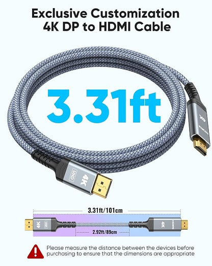 Highwings Passive DisplayPort to HDMI Cable Adapter 3.31ft Total Length, 2.92ft Cable Length, Uni-Directional DP to HDMI Male Video UHD 4K@30Hz/2K@60 DP to HDTV for Monitor, PC, Dell, NVIDIA, AMD