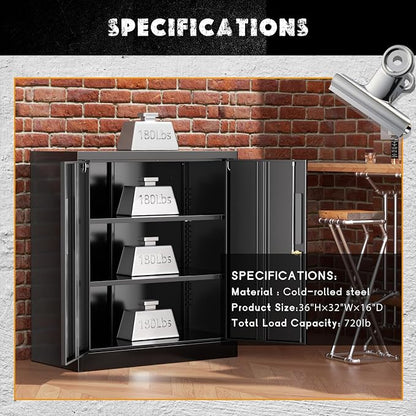 Greenvelly Metal Garage Storage Cabinet,36" Black Lockable Metal Cabinets with 2 Doors and Shelves,Storage Locking Counter Cabinet for Home Office,Garage,Kitchen,School