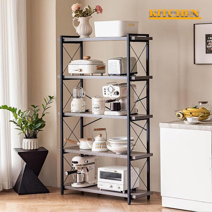 HCHQHS Bookshelf, 5-Tier Industrial Bookcase, Rustic Open Book Shelf, Freestanding Tall Bookshelves with Metal Frame