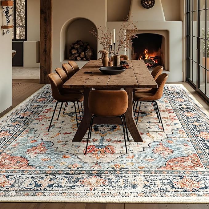 RELEANY Area Rugs Large 10'x12' Washable Non-Slip, Floral Vintage Distress Medallion Carpet for Living Room Bedroom Dining Room, Beige Navy Blue Orange Colorful