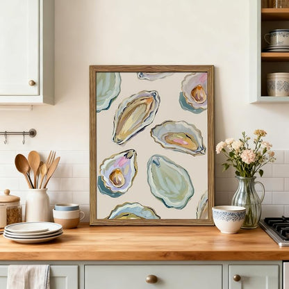 Framed Oyster Shell Canvas Wall Art, Colorful Abstract Wall Art Print, Coastal Beach House Wall Decor, Summer Dining Room Picture Poster, Modern Kitchen Oyster Oil Painting Artwork 8x10 inch