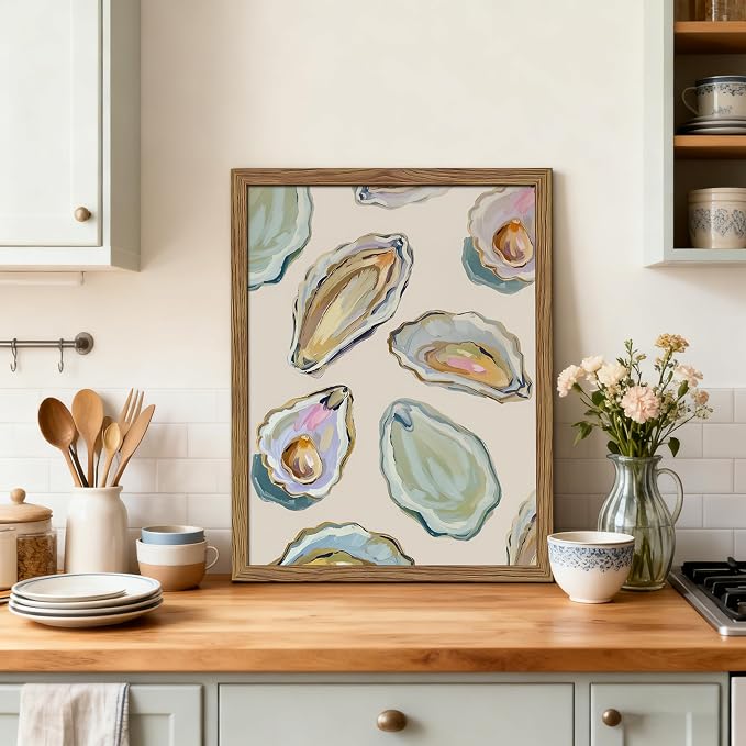 Framed Oyster Shell Canvas Wall Art, Colorful Abstract Wall Art Print, Coastal Beach House Wall Decor, Summer Dining Room Picture Poster, Modern Kitchen Oyster Oil Painting Artwork 12x16 inch