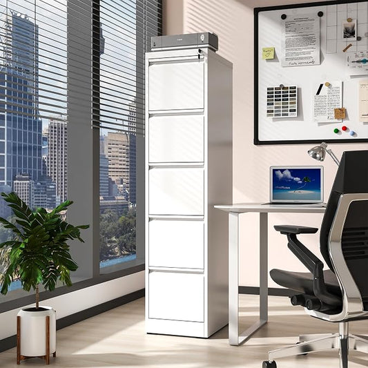 AQY 5 Drawer File Cabinet with Lock, Metal Filing Cabinets for Home Office, 18" Deep Heavy Duty Vertical Storage File Cabinets for Hanging A4/Letter/Legal Size Files, Assembly Require