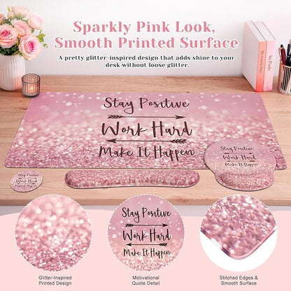 iCasso Mouse Pad,Large Pink Desk Mat Set, 4in1 XXL Mousepad + Keyboard Wrist Rest+Mouse Wrist Rest+Coaster with Ergonomic Desk Pad for Home Office Table Computer Cover -Pink Stay Positive