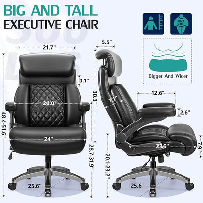 HeroSet 500lbs Executive Office Chair, Big and Tall Home Desk Chairs for Large People, Heavy Duty PU Leather Computer Gaming Chair with Adjustable Lumbar Support & Armrests, Thick Padding for Comfort