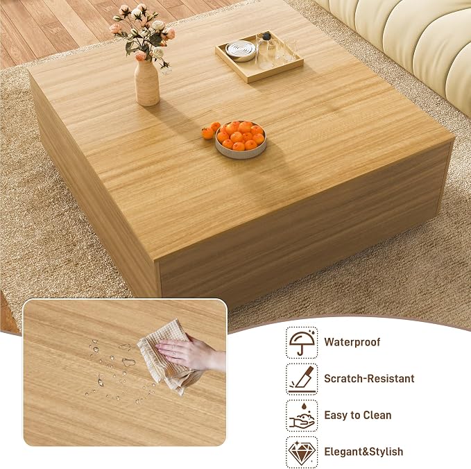 43 Inch Large Square Coffee Table with Storage,Modern Wooden Coffee Table with 2 Drawers Storage for Living Room,Mid Century Tea Table/Aesthetic Coffee Tables Center Table for Home Office(Oak)