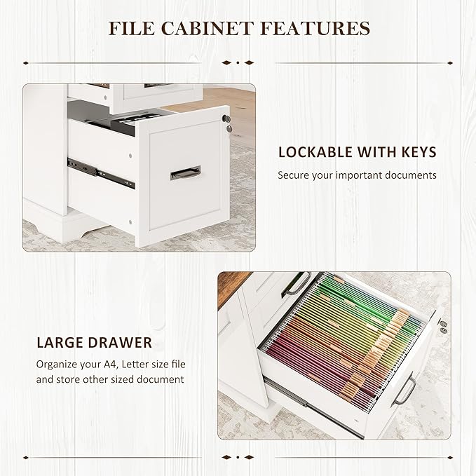 Whalefall 55'' Farmhouse Desk Home Office with Drawers, White | Executive Computer Desk with File Cabinet and Charging Station, Wooden Small Desk with Locking Drawers Storage