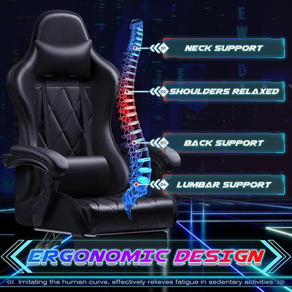 Shahoo Gaming Chair with Footrest and Massage Lumbar Support, Computer Game Chairs Ergonomic Office Seat Height Adjustable with Headrest, Black