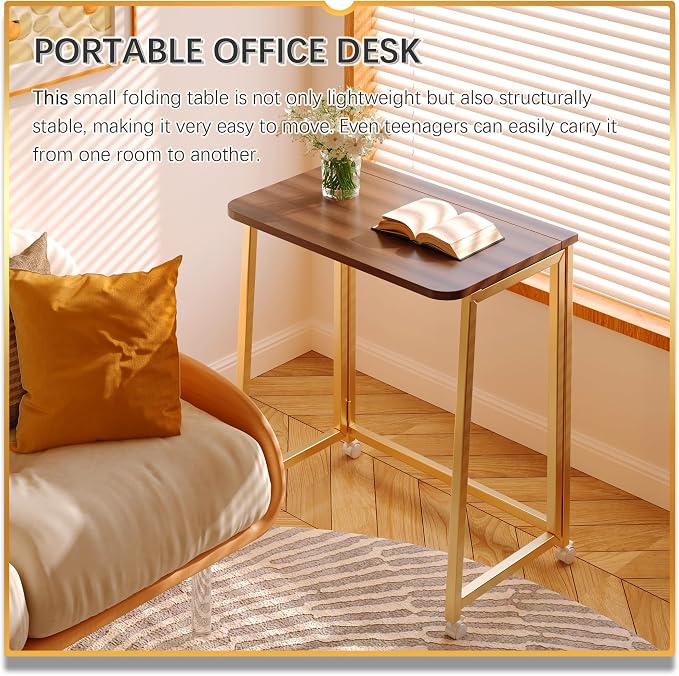 4NM 23.6" Mobile Small Folding Desk, Foldable Rolling Computer Home Office Desk, Study Writing Table for Small Space Saving Bedroom, with Wheels - Brown and Gold