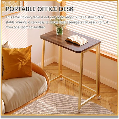 4NM 23.6" Mobile Small Folding Desk, Foldable Rolling Computer Home Office Desk, Study Writing Table for Small Space Saving Bedroom, with Wheels - Brown and Gold