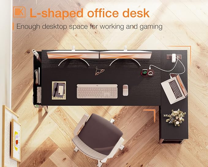 ODK 55 Inch Small L Shaped Computer Desk with Power Outlets, Corner Desk with PC Stand & Reversible Storage Shelves for Small Space Home Office Workstation, Modern Simple Writing Study Table, Black