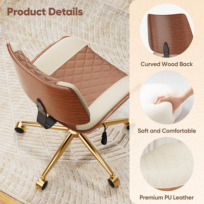 Home Office Desk Chair with Swivel Wheels, Modern PU Leather Armless Office Chair, Small Mid Back Computer Chair for Home Office, Reading Meeting Room (Brown and Beige, Gold Wheels)