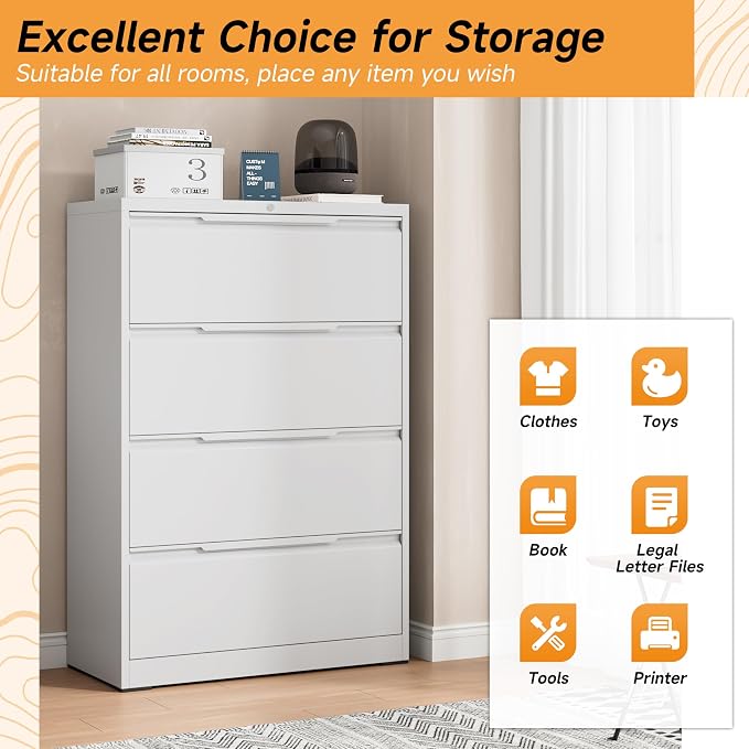 Bestoo 4 Drawer Lateral File Cabinet with Lock Heavy Duty Large Metal Filing Cabinet Home Office Cabinets Wide Steel Cabinets for Legal/Letter Size, White Assembly Required
