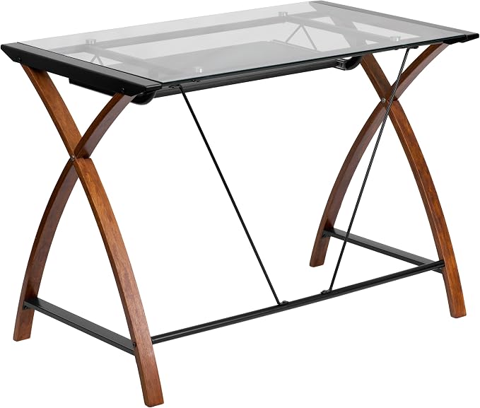 EMMA + OLIVER Glass Computer Desk with Pull-Out Keyboard Tray