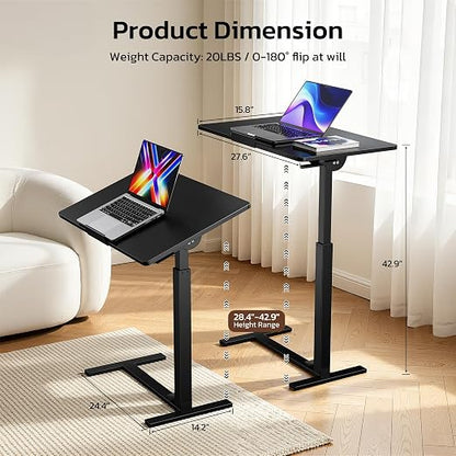 Mobile Standing Desk Adjustable Overbed Table, Pneumatic Height Adjustable Rolling Laptop Desk with Hidden Wheels, 0-180°Tilt Top Rolling Computer Cart Foldable for Home Office, Craft & Study, Black