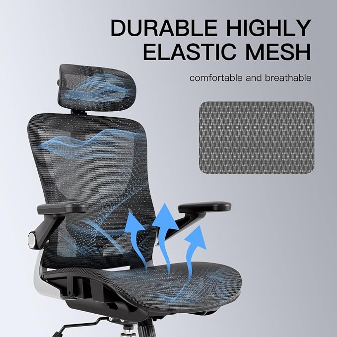 marrap Ergonomic Office Chair, Mesh Desk Chair with 3D Armrests, Adjustable Lumbar Support and Headrest, 90-120° Rocking Function, Black