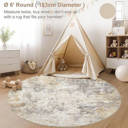 UERMEI 6ft Round Area Rug Living Room Rugs - 6x6 Washable Neutral Modern Abstract Soft Thin Rug Indoor Floor No Slip Rug Carpet for Bedroom Under Dining Table Home Office Decor - Golden Grey