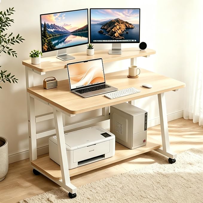 31.5 Inch Compact Rolling Computer Desk with Tier Worktable & Lockable Wheels, Small Computer Desk, Small Desk for Bedroom, Mobile Writing Workstation Easy Assembly for Home Office Small Spaces