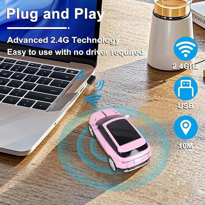 Car Mouse Mini Small Cool SUV Car Shaped Wireless Mouse Portable 2.4GHz Optical Cordless Mice with USB Receiver 3 Buttons for Office School Travel for Laptop PC Desktop Computer Gift (Pink-1 Pack)