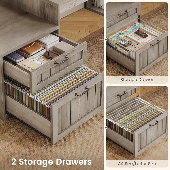 SEDETA Farmhouse L Shaped Desk with Drawers, 59" Office Desk with File Drawers, Wood Corner Computer Desk with Storage, Home Office Desks with Storage Cabinet and Monitor Stand, Grey