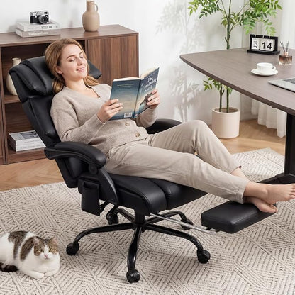 HOFFREE 8-Point Vibration & Heat Massage Office Chair with Footrest,Black | Massage Desk Chair for Heavy People 500lbs Big and Tall Office Chair with Adjustable Headrest and Linkage Armrests,Leather