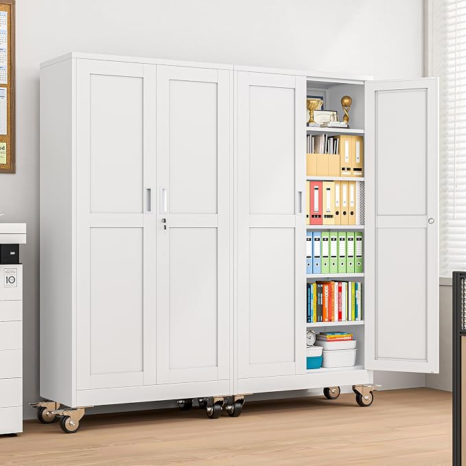 pozdeg 73.6" Metal Garage Storage Cabinets with Wheels, Lockable Rolling File Cabinets with 2 Doors and 5 Adjustable Shelves, Steel Tool Organizer Locker for Office Home Garage Gym School, White