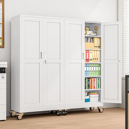 pozdeg 73.6" Metal Garage Storage Cabinets with Wheels, Lockable Rolling File Cabinets with 2 Doors and 5 Adjustable Shelves, Steel Tool Organizer Locker for Office Home Garage Gym School, White