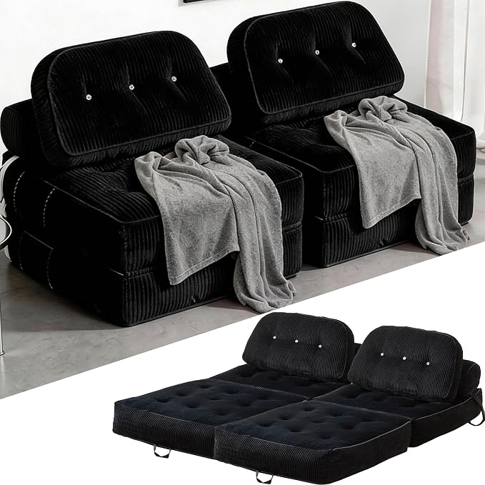 Folding Sofa Bed, Flannel Futon Couch Bed with Pillow and Blanket, Convertible Sleeper Chair for Living Room Bedroom (Two Black)